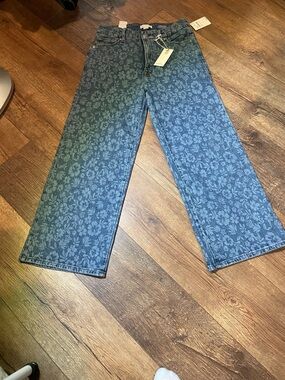 Good American Floral Jacquard Wide-Leg Jeans - Blue